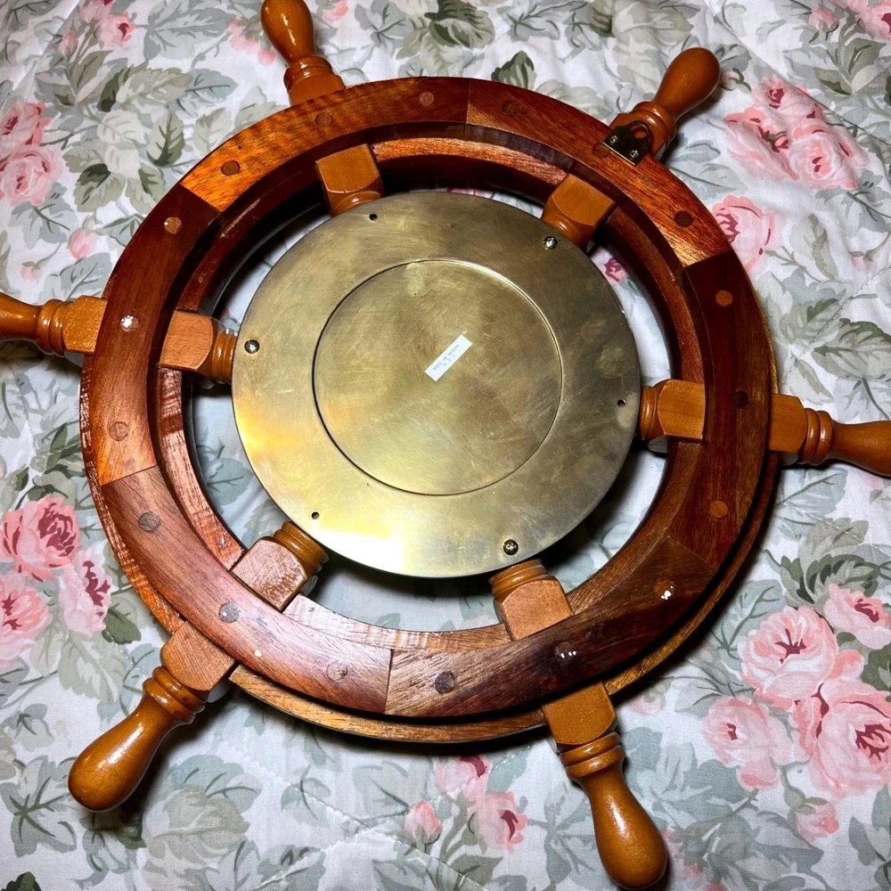 Vintage Nautical Ship Wheel Wall Clock Solid Brass Wood Porthole Untested 18.5in